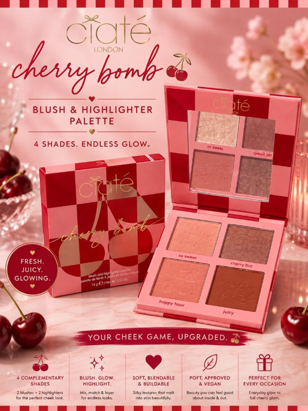 Ciaté London Cherry Bomb Blush & Highlighter Palette 4 Shades New